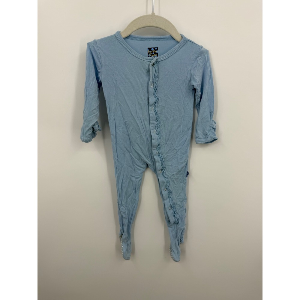 KicKee Pants Ruffle Footie Sleeper Baby Girl 6-9 Months Light Blue Bamboo Snap